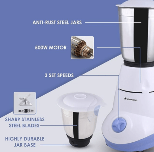 Wonderchef Capri 500W Mixer Grinder | 3 leak-proof stainless steel Jars | Powerful 500W motor | 3-Speed & Pulse Function | Anti Skid Feets | 5 years warranty on motor | White & Blue - Image 2